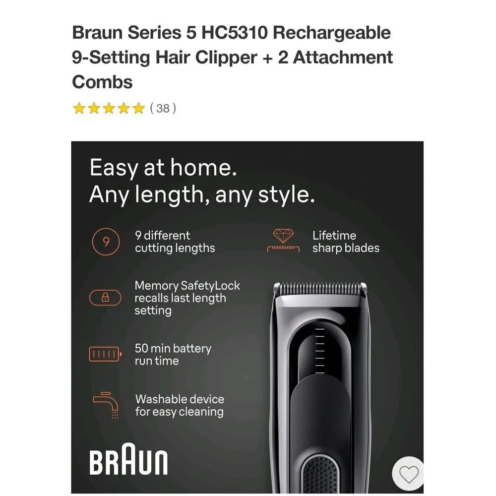 BRAUN SERIES 5 HC5310 9 SETTING HAIR CLIPPERS + 2 ATTACHMENTS‎